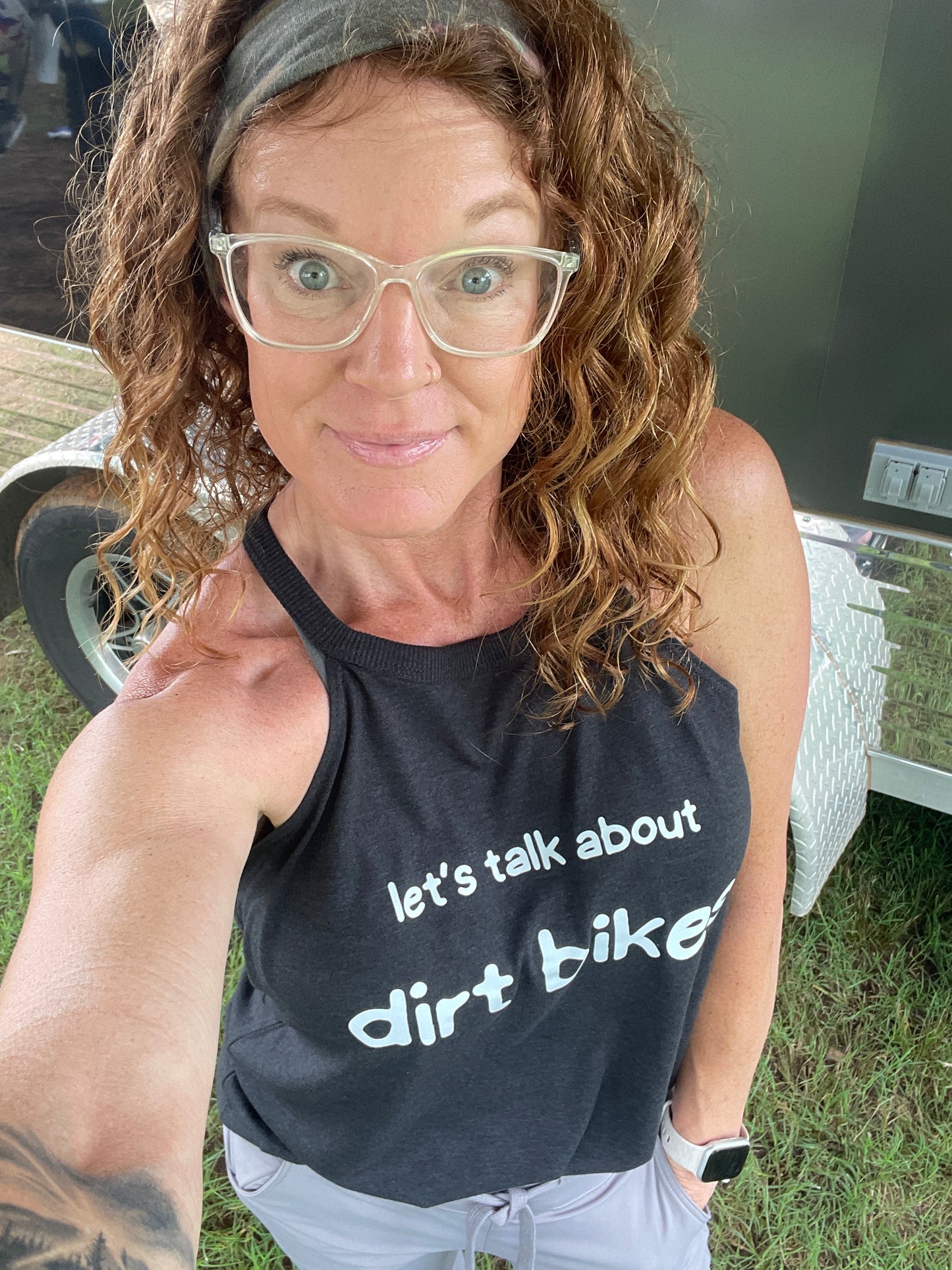 “Let’s talk about dirt bikes”  ladies racer back tank!